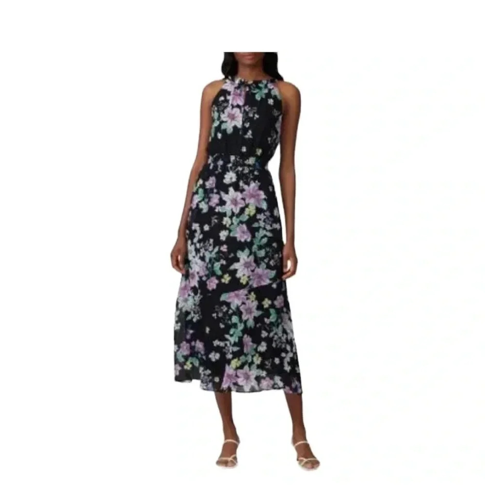 Great Jones Navy Floral Neck Tie Dress Midi Sleeveless Floral Side Pockets Sz XS